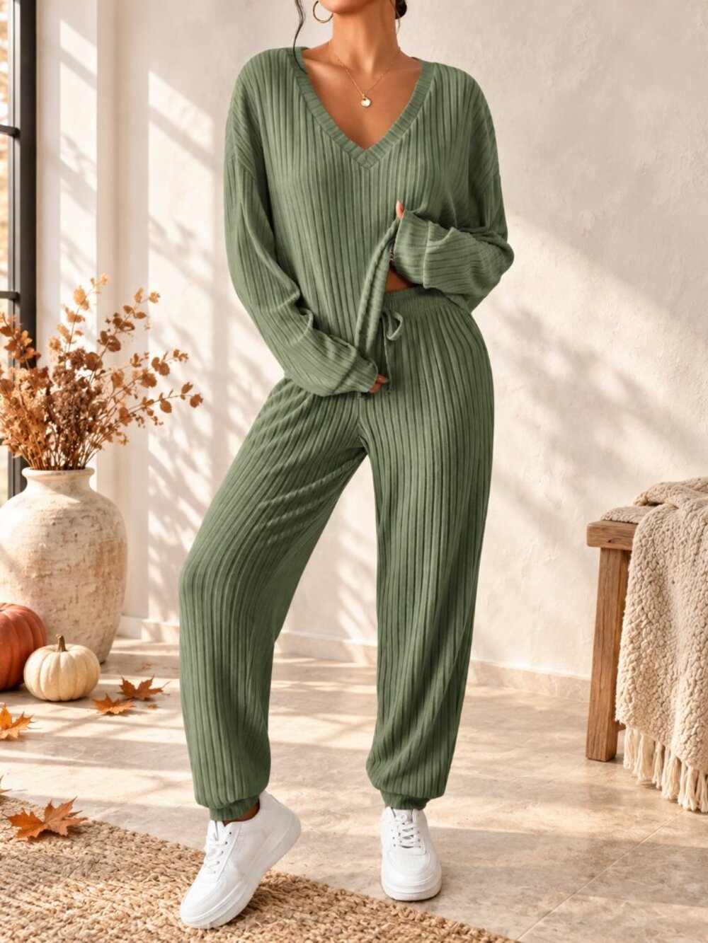 Sage Green Ribbed Lounge Set Sweatpants Size Large